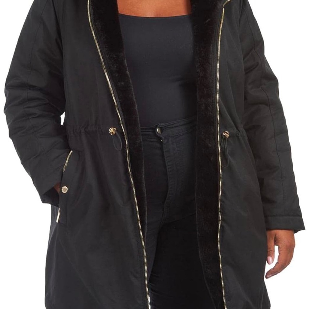 Rachel Roy Designer Black Coat with Gold Accents Fur
